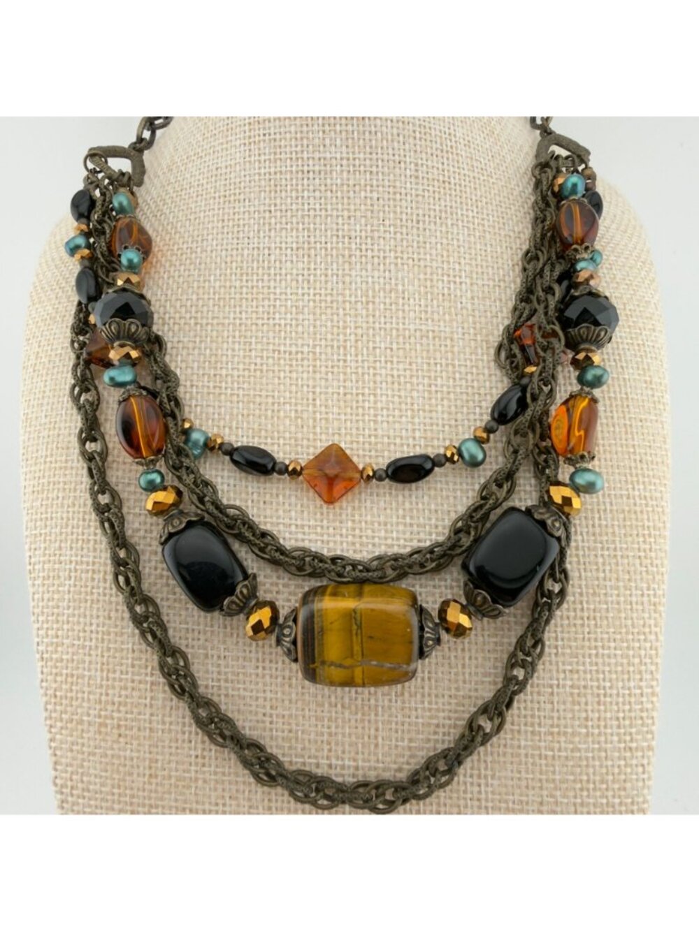 Vintage Chunky Glass Stone Beaded Necklace Multi Strand Antiqued Brass